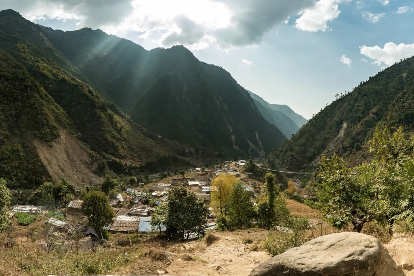 Terraced village houses in a green valley in the Gyangphedi hills